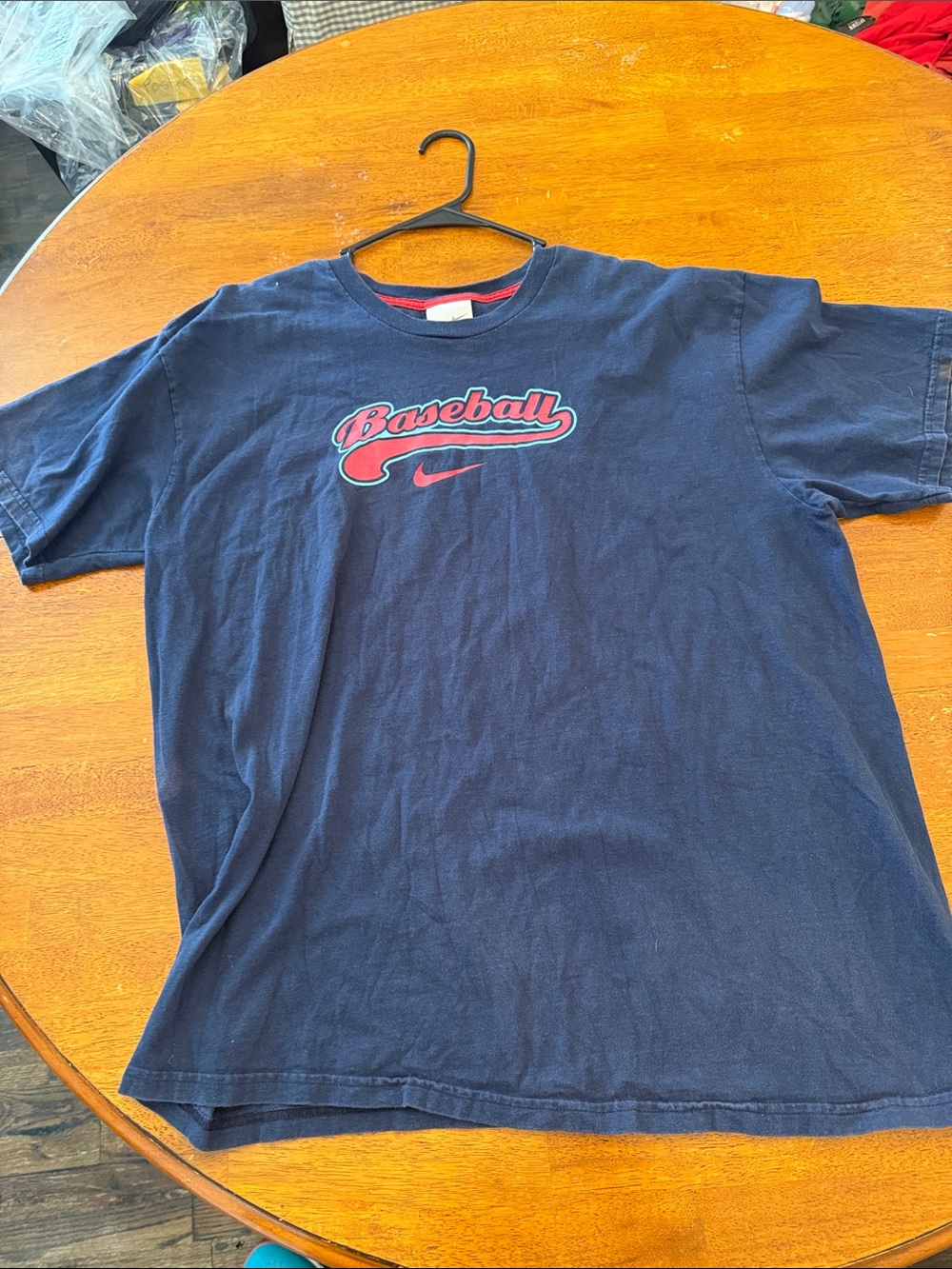 Nike Navy Short Sleeve 'Baseball' Graphic Tee with Red Accents fade mark on back